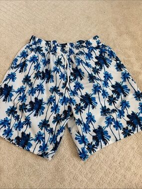 Men's White Swim Trunks with Blue Palm Print